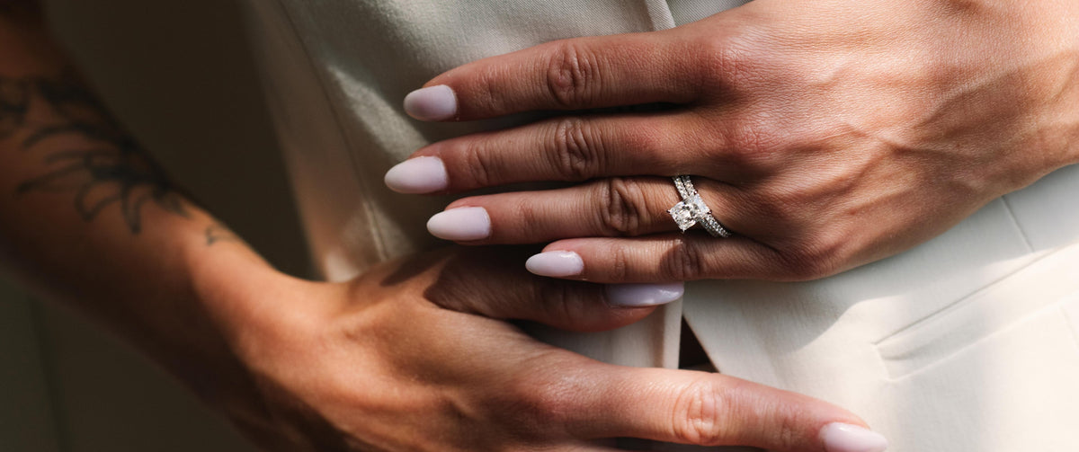 Close up on engagement ring set