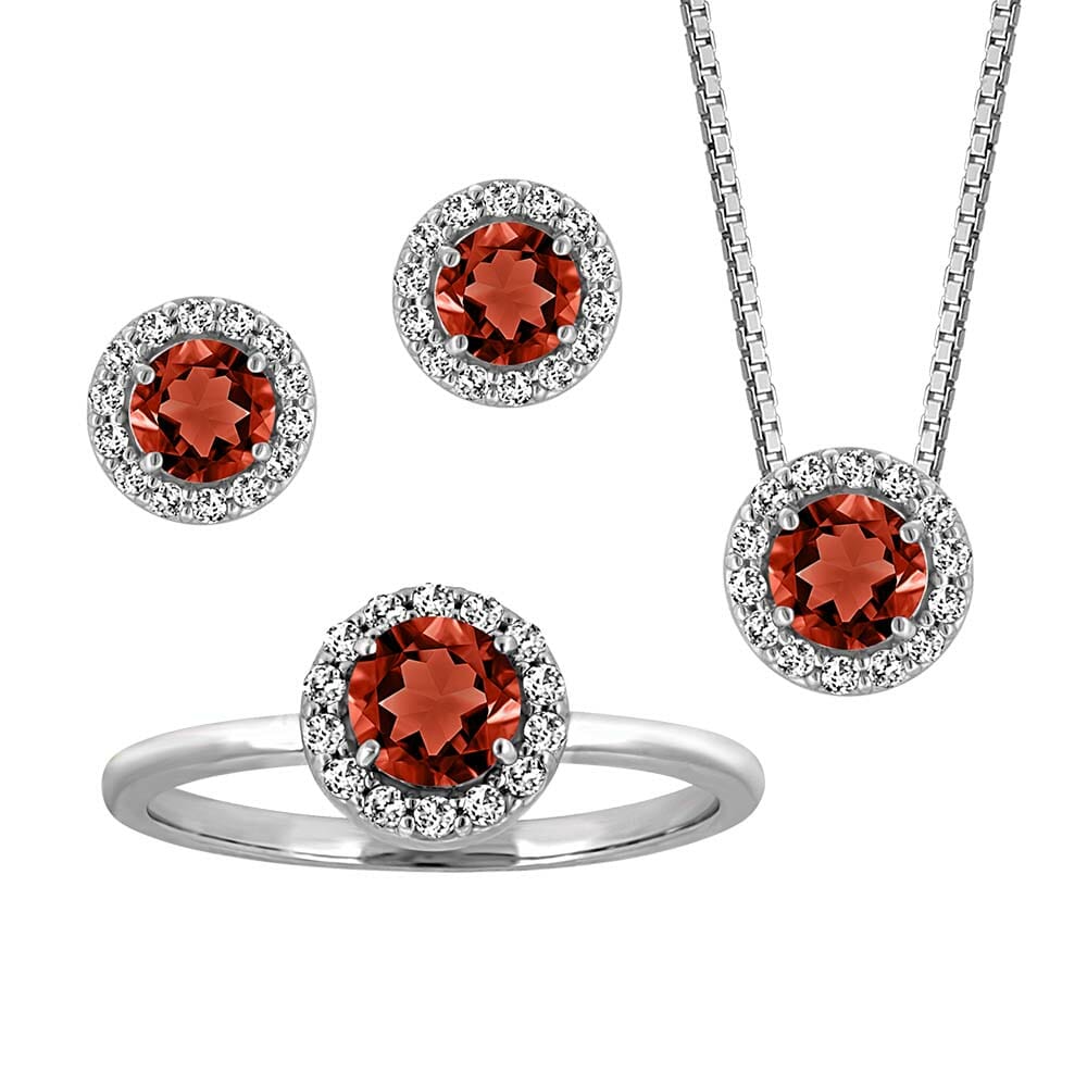 Birthstone Set Bundle with Genuine Garnet and Cubic Zirconia in Sterling Silver