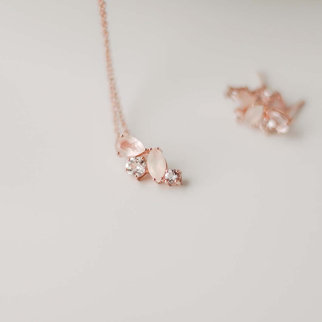 Pendant with White Topaz, Moonstone, and Rose Quartz in Rose Tone Sterling Silver with Chain