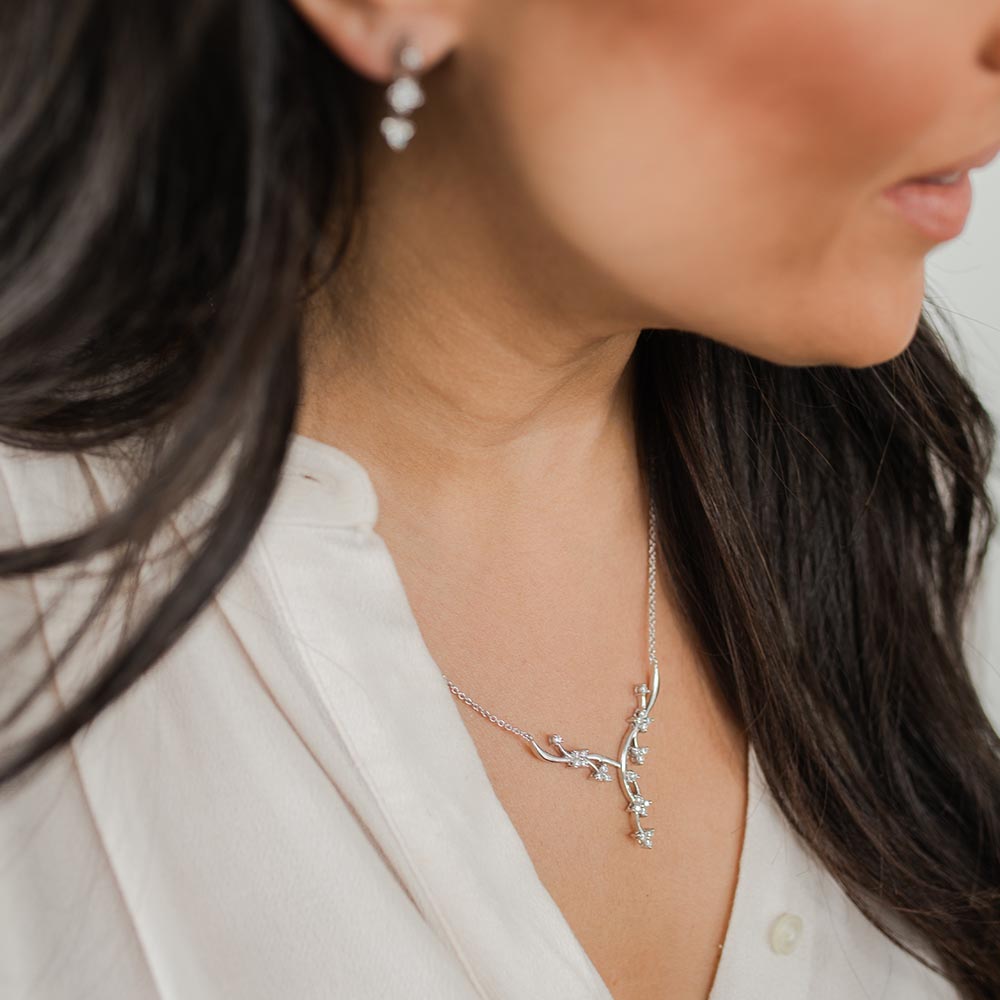 Floral Necklace with Cubic Zirconia in Sterling Silver