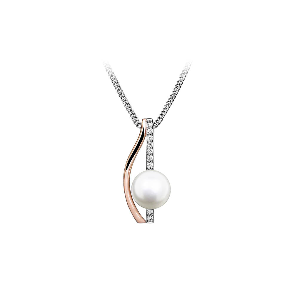 Pendant with 5MM Freshwater Pearl and Cubic Zirconia in Sterling Silver with Chain