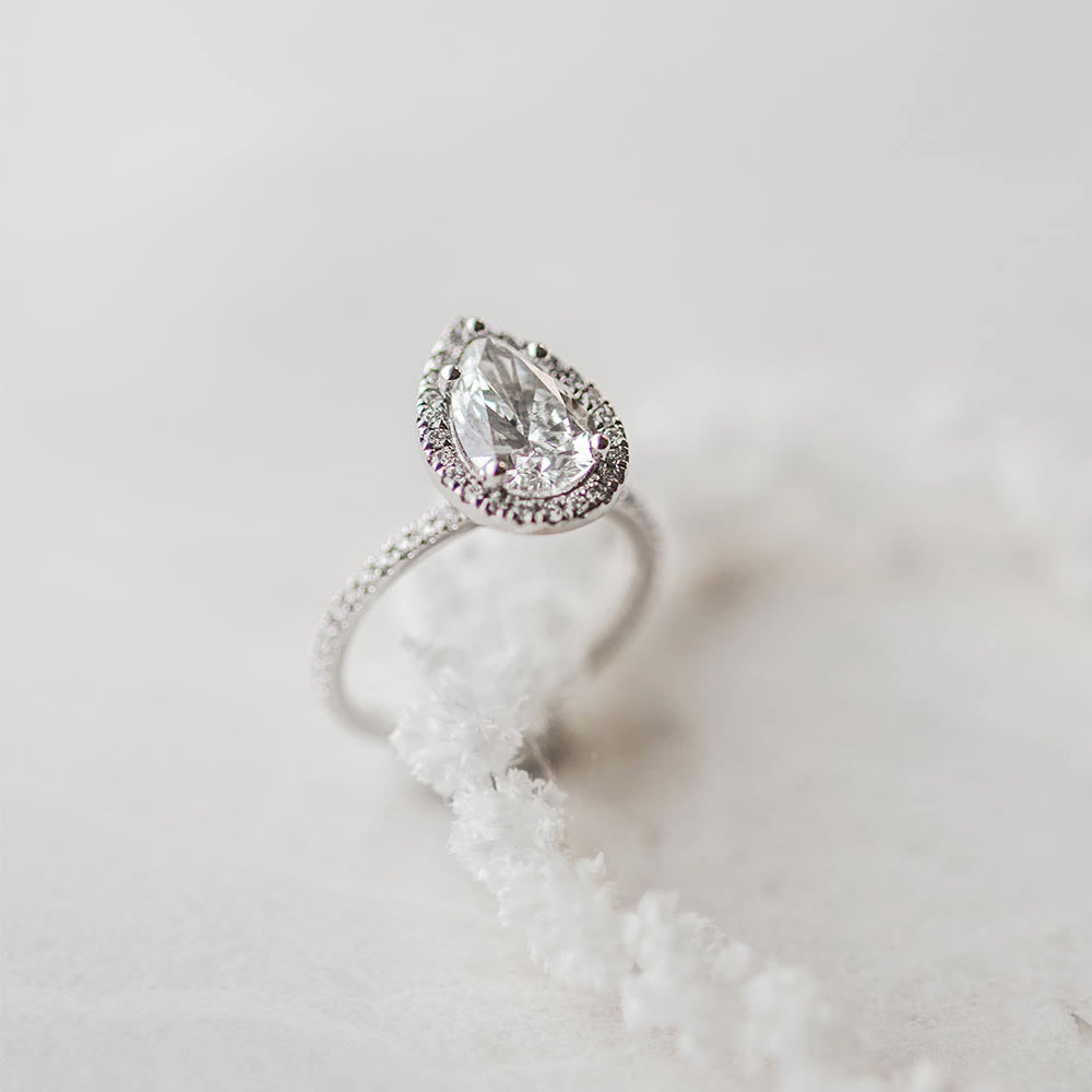 Pear Shaped Halo Engagement Ring with 2.53 Carat TW of Diamonds in 14kt White Gold