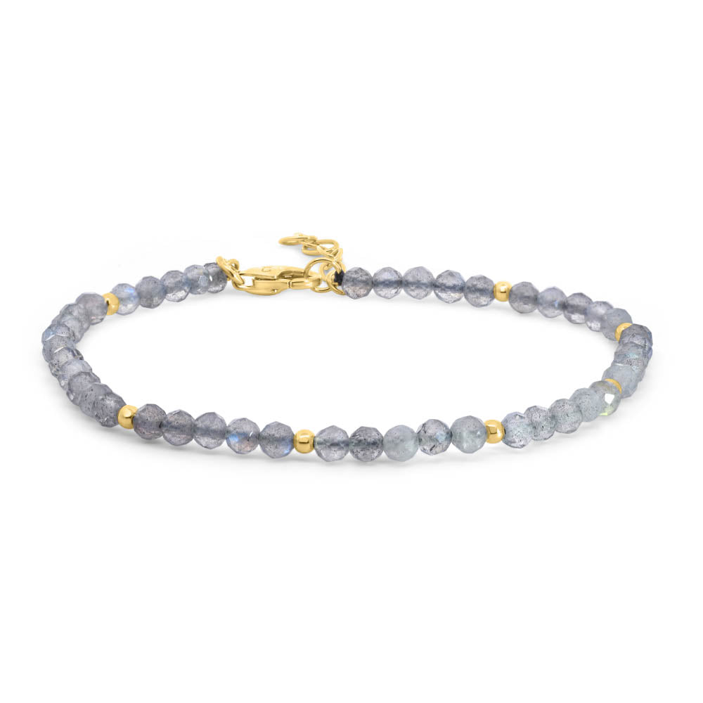 7.5" 3MM Labradorite Beaded Bracelet in Gold Plated Sterling Silver