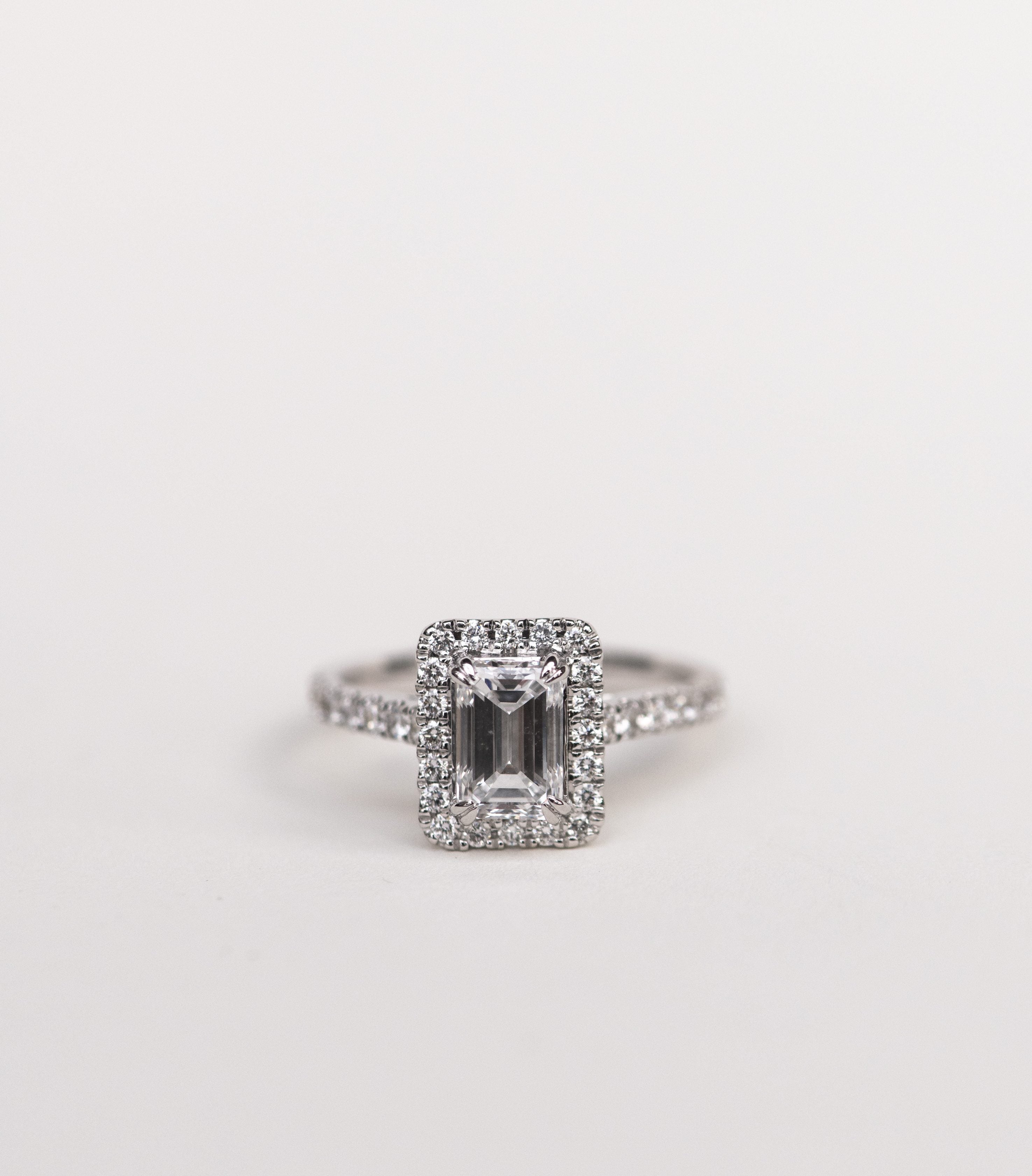 Emerald Cut Halo Engagement Ring with 2.62 Carat TW of Lab Created Diamonds in 14kt White Gold