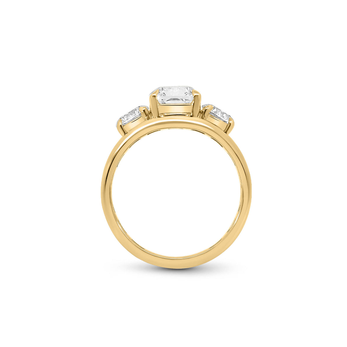 Three Stone Elongated Cushion Engagement Ring with 3.5 Carat Lab-grown Diamond in 14kt Yellow Gold