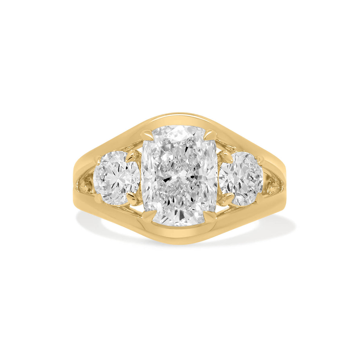 Three Stone Elongated Cushion Engagement Ring with 3.5 Carat Lab-grown Diamond in 14kt Yellow Gold