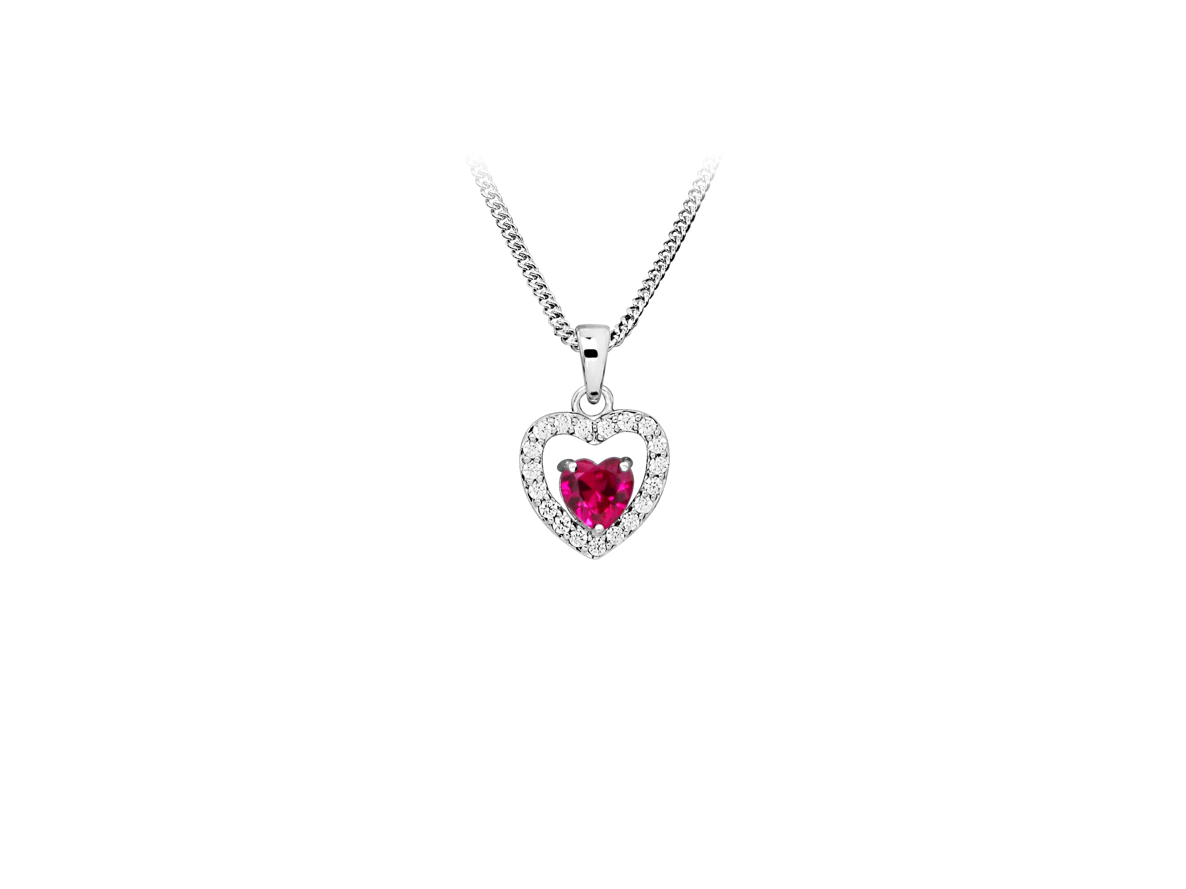Heart Pendant with Created Ruby and Cubic Zirconia in Sterling Silver with Chain
