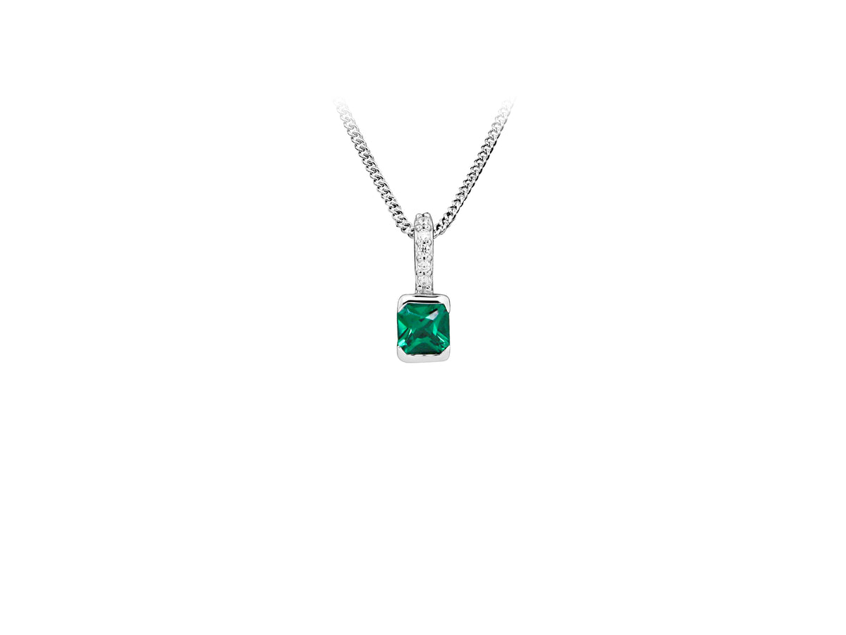 Pendant with Created Emerald and Cubic Zirconia in Sterling Silver with Chain