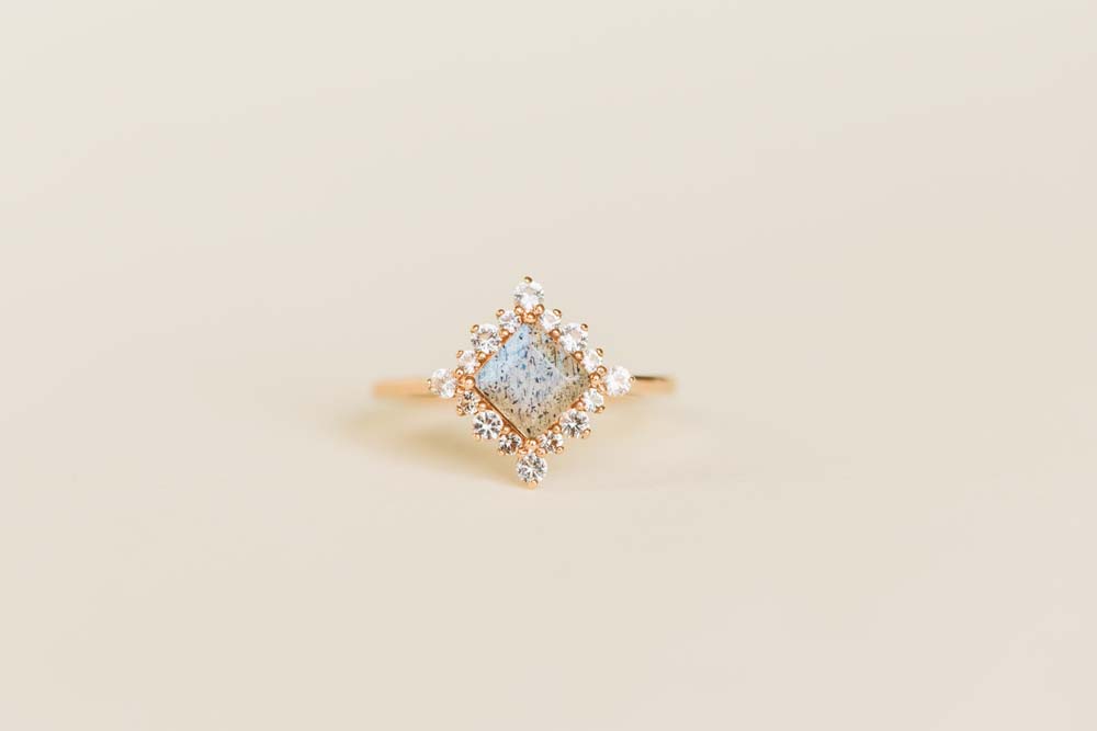 Princess Cut Labradorite and White Topaz Ring
