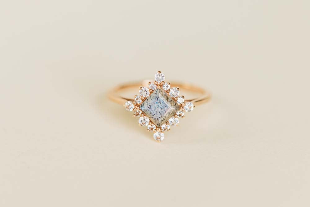 Princess Cut Labradorite and White Topaz Ring