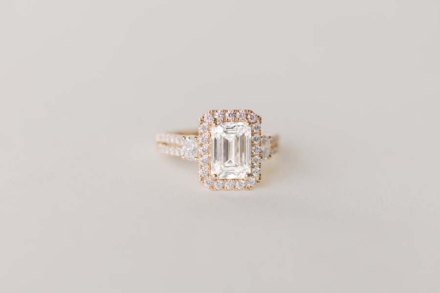 Emerald Cut Halo Engagement Ring with 3.40 Carat TW of Lab Created Diamonds in 14kt Yellow Gold