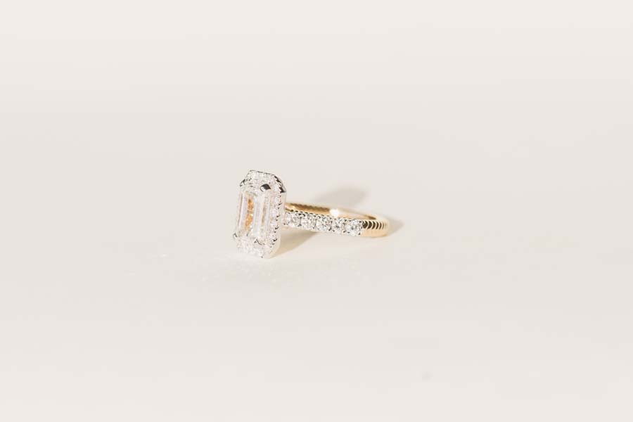 Emerald Cut Halo Engagement Ring with 3.95 Carat TW of Lab Created Diamonds in 14kt Yellow and White Gold