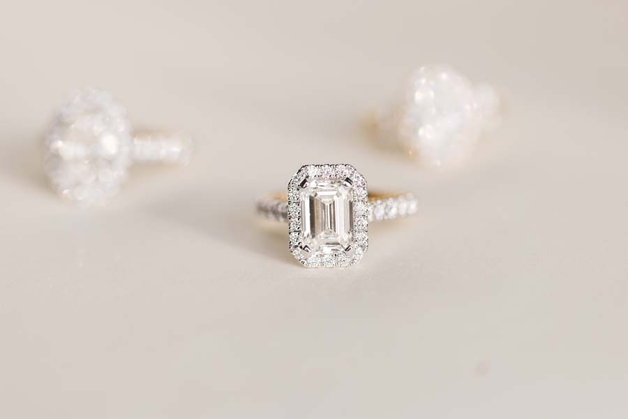 Emerald Cut Halo Engagement Ring with 3.95 Carat TW of Lab Created Diamonds in 14kt Yellow and White Gold