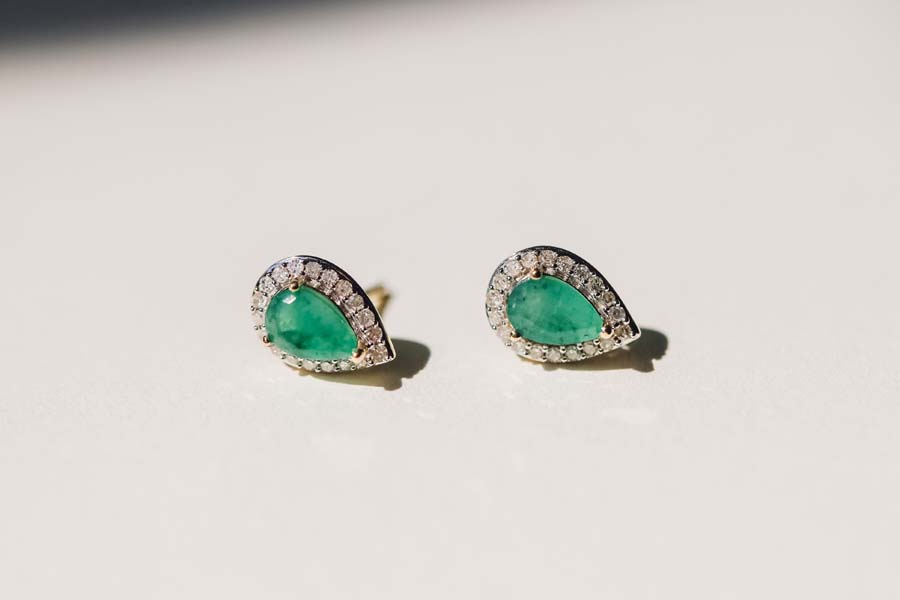Halo Earrings with .17 Carat TW of Diamonds and 6x4MM Pear Shape Emerald in 10kt Yellow Gold