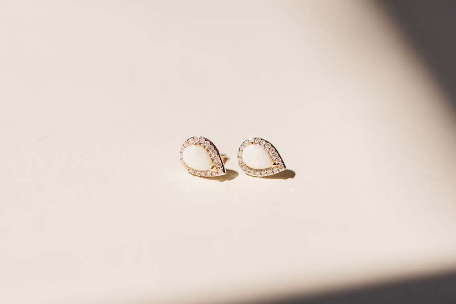 Halo Earrings with .17 Carat TW of Diamonds and 6x4MM Pear Shape Opal in 10kt Yellow Gold