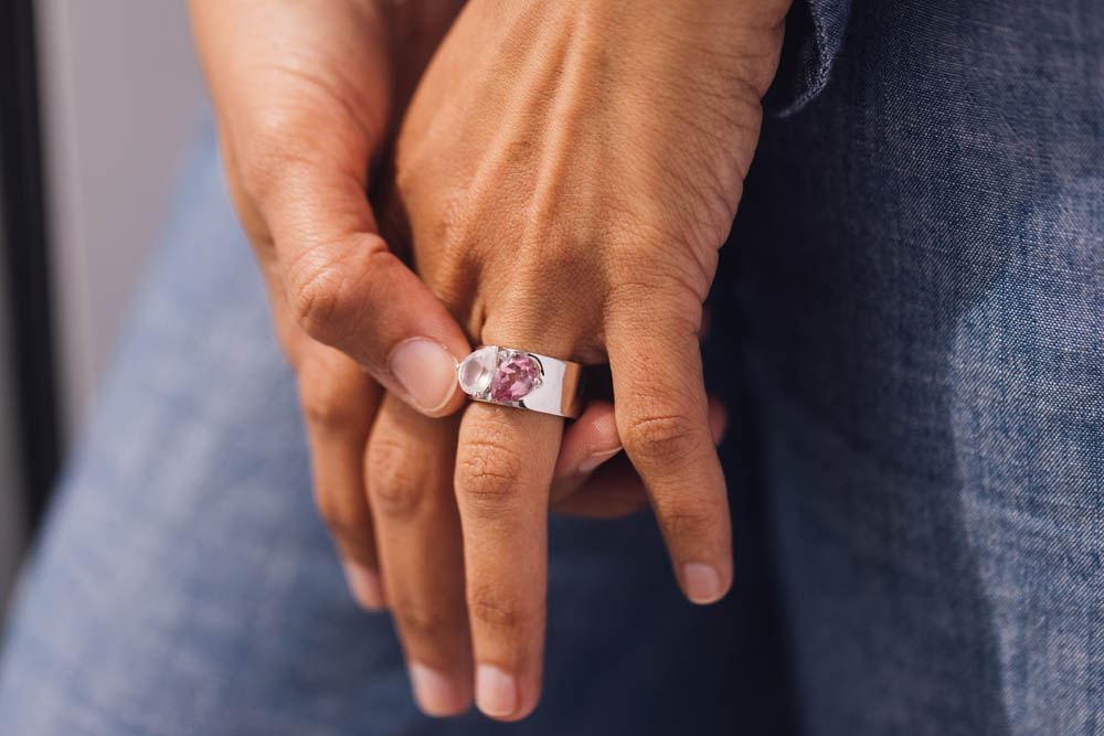 1980s Barbie's Toi et Moi Ring with Pink Topaz and Rose Quartz in 10kt White Gold