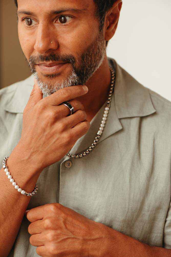Men's Necklace with 6MM White Synthetic Pearls in Stainless Steel
