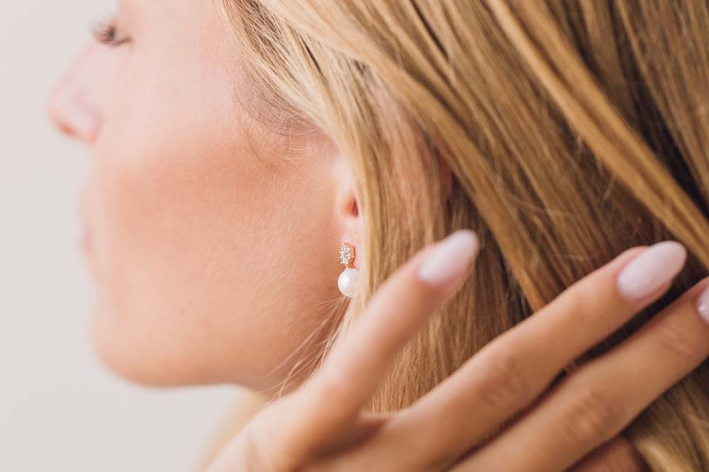 7mm White Freshwater Pearl Earrings with 0.18 Carat TW of Diamonds in 10kt Yellow Gold
