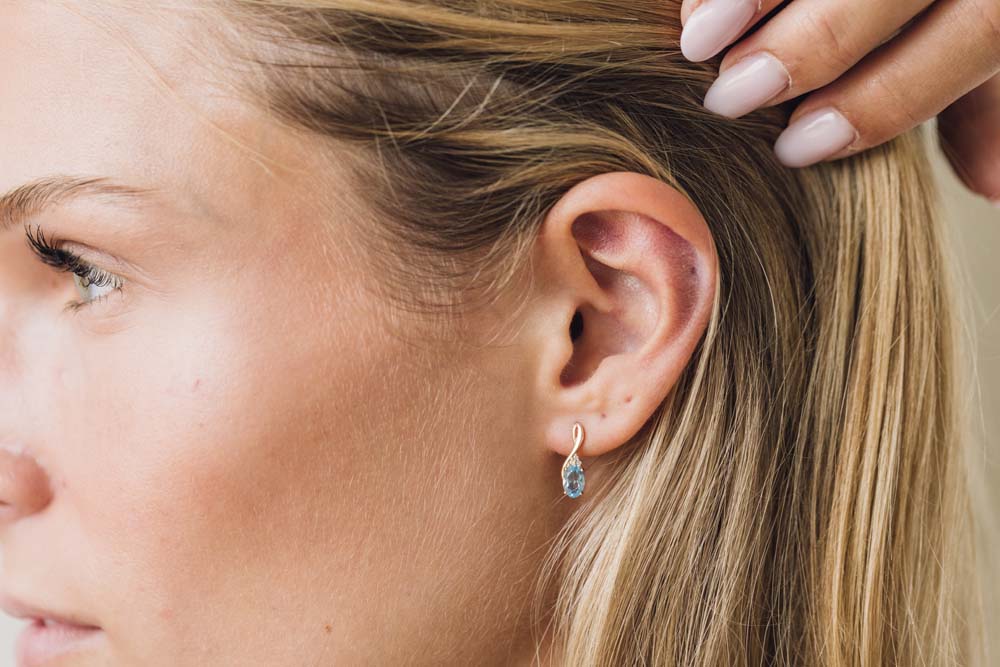 6X4MM Swiss Blue Diamond Drop Earrings with .03 Carat TW of Diamonds in 10kt Yellow Gold