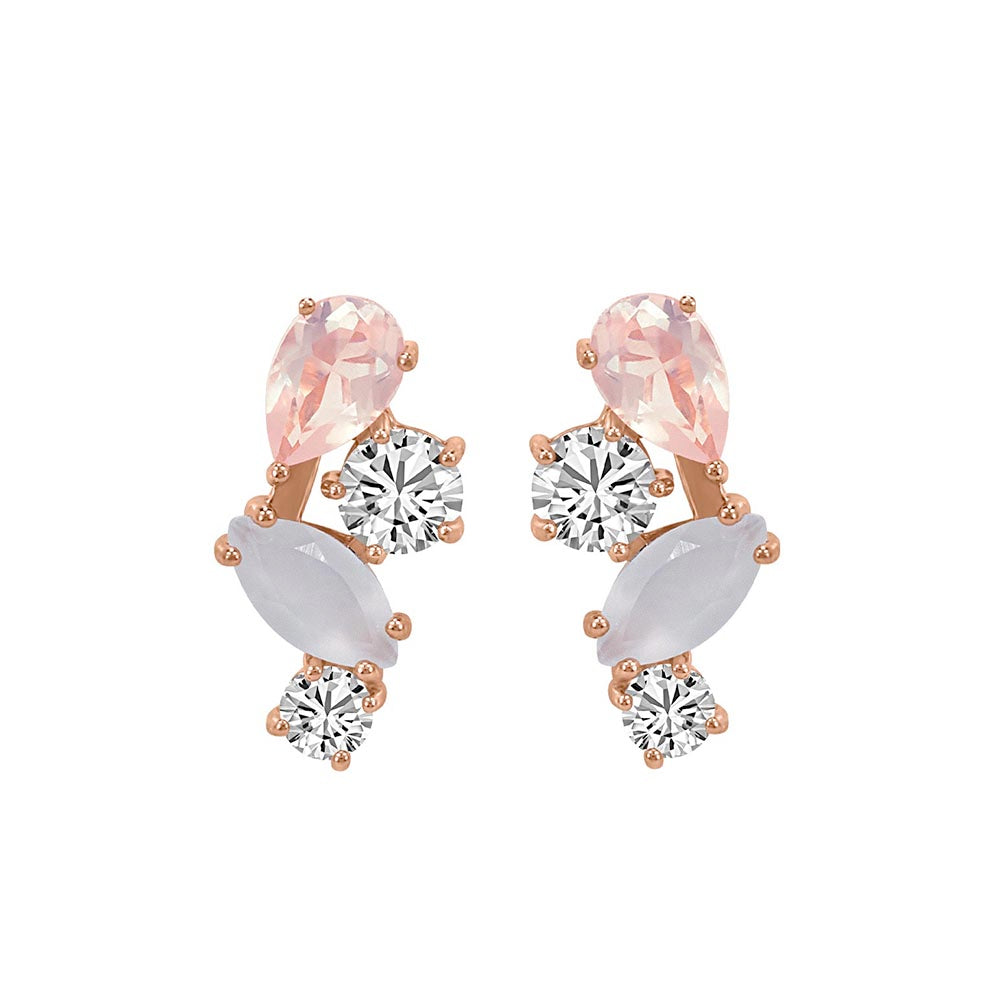 Earrings with White Topaz, Moonstone, and Rose Quartz Earrings in Rose Tone Sterling Silver