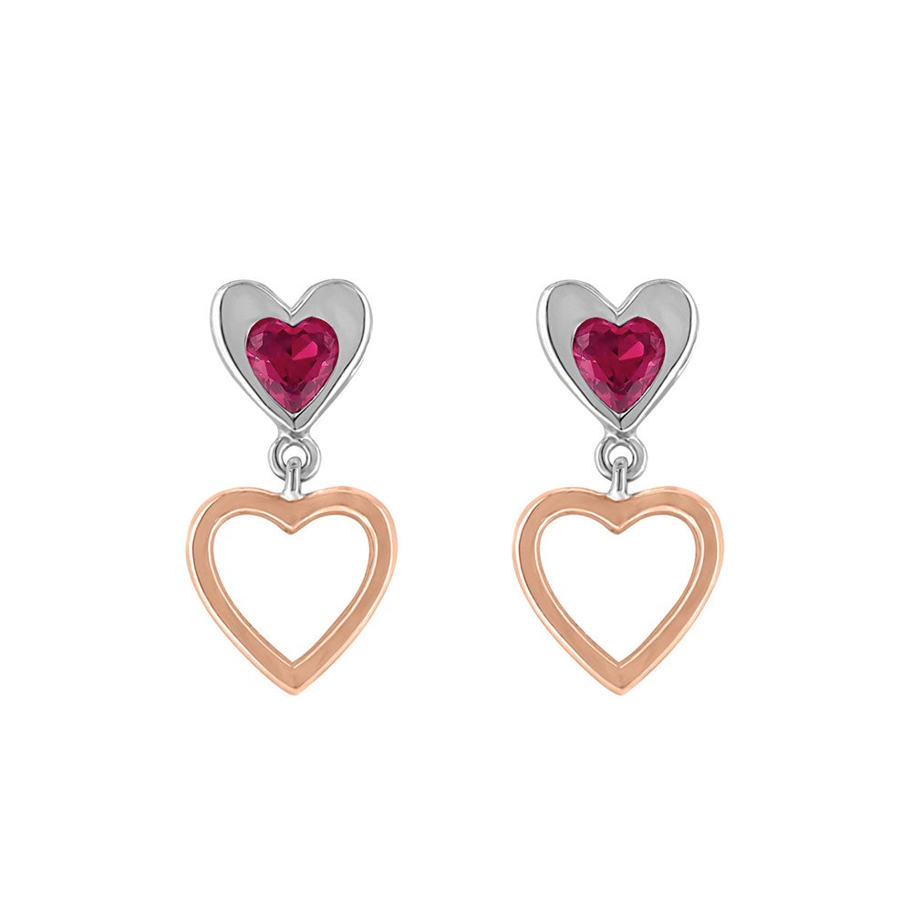 Heart Earrings with Created Ruby in Rose Tone and Sterling Silver