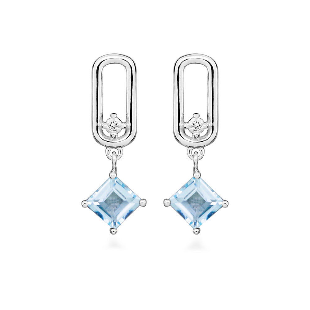 Drop Earrings with Princess Cut Blue Topaz in Sterling Silver
