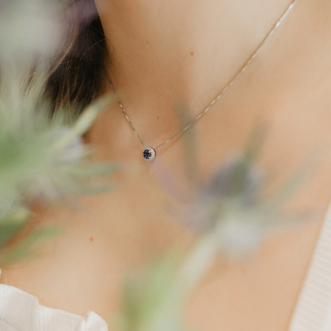 18" Pendant with Created Sapphire and Cubic Zirconia in Sterling Silver with Chain
