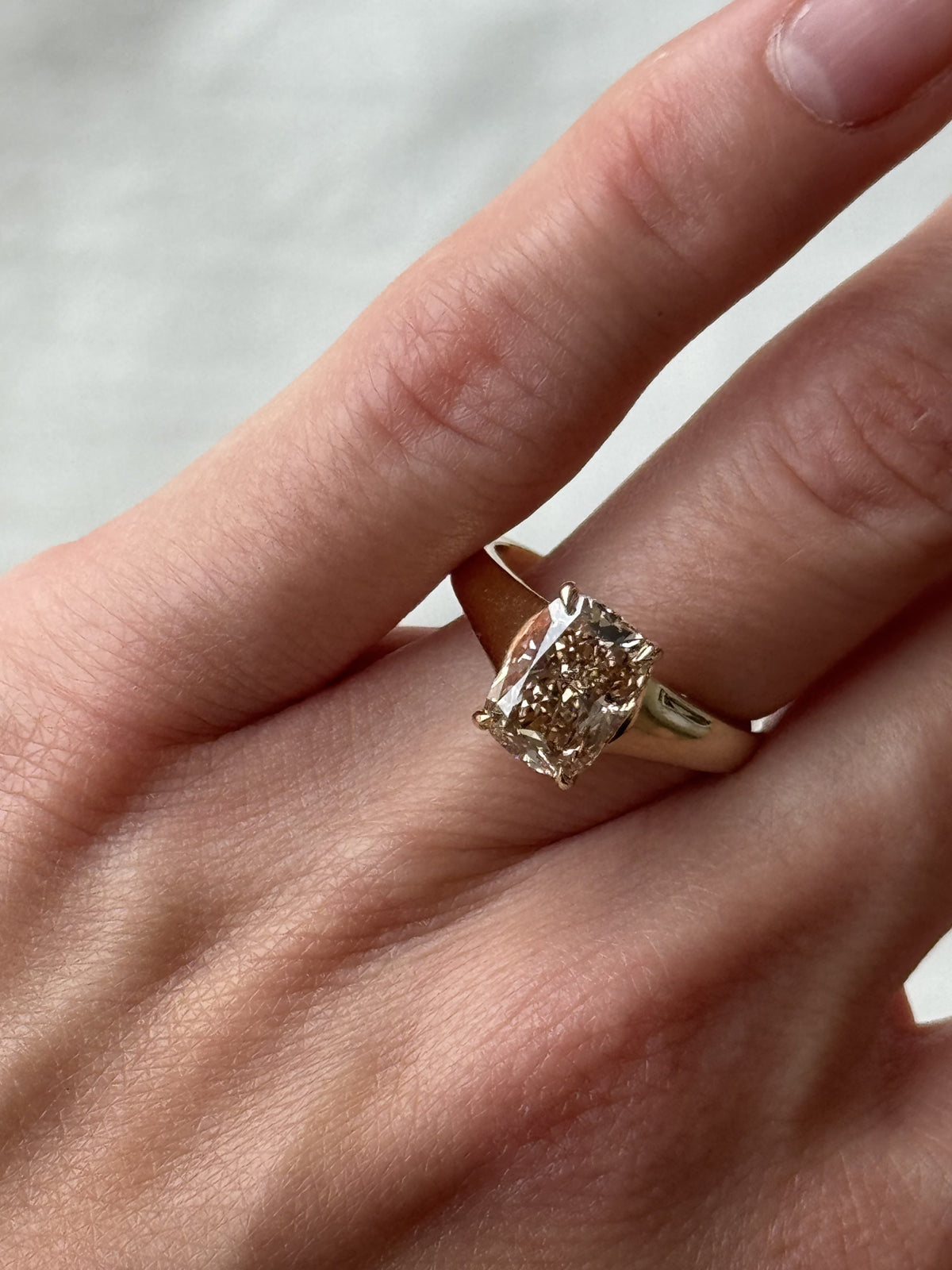 Elongated Cushion Cut Engagement Ring with 2.50 Carat Champagne Lab Created Diamond in 14kt Yellow Gold