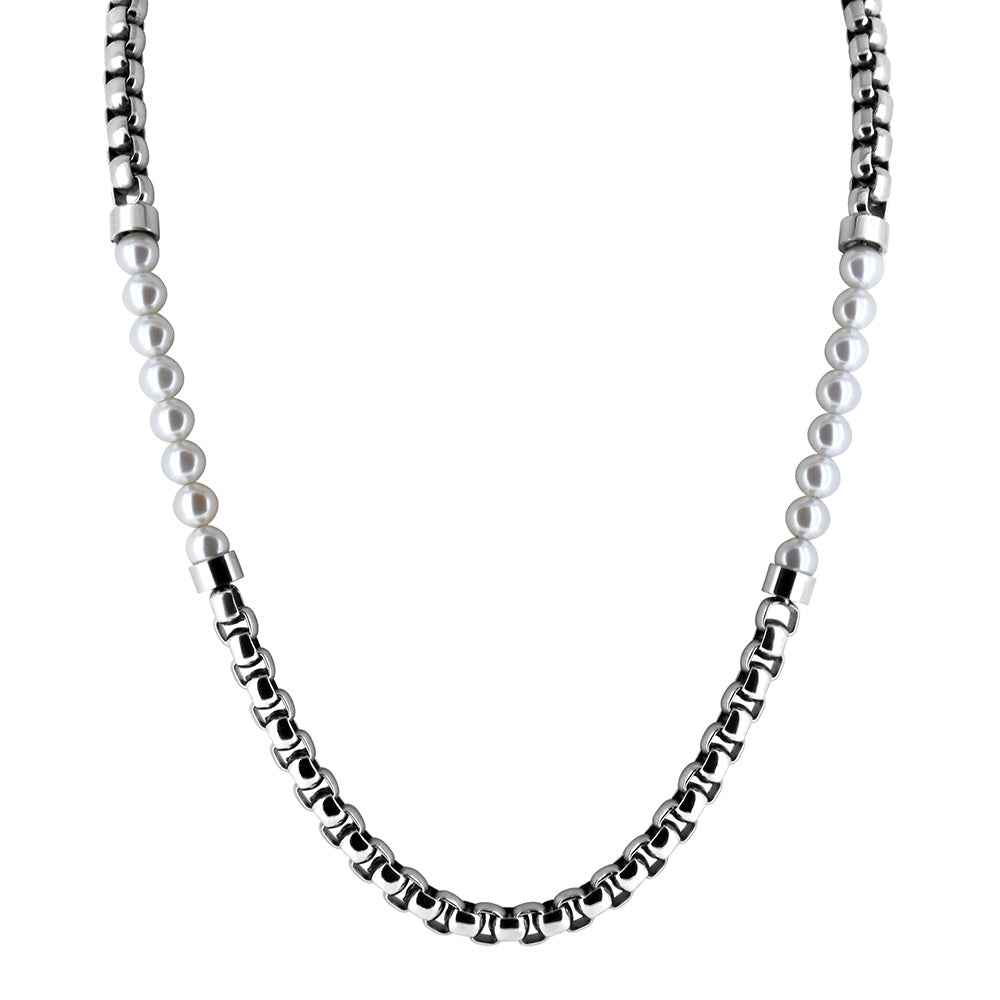 Men's Stainless Steel and 6MM White Synthetic Pearls Necklace