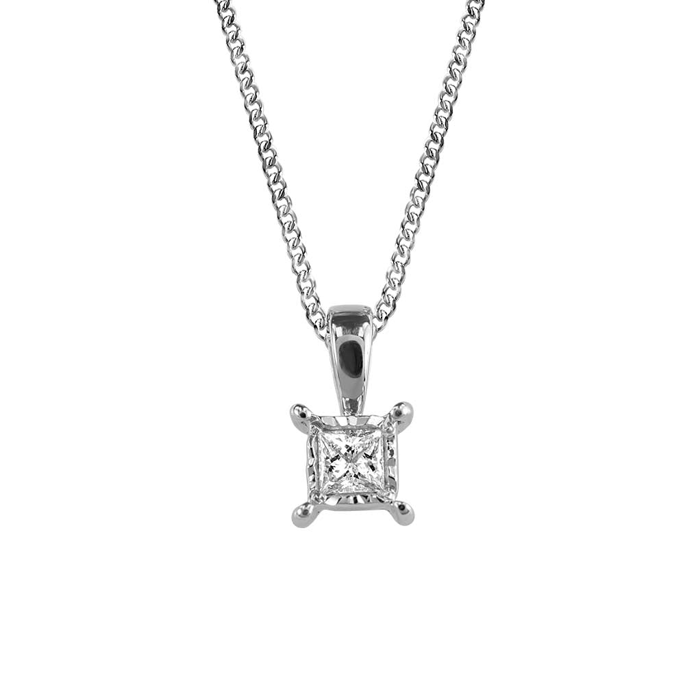 10KT White Gold .05 CTW Princess Cut Illusion Set Diamond Pendant with Chain