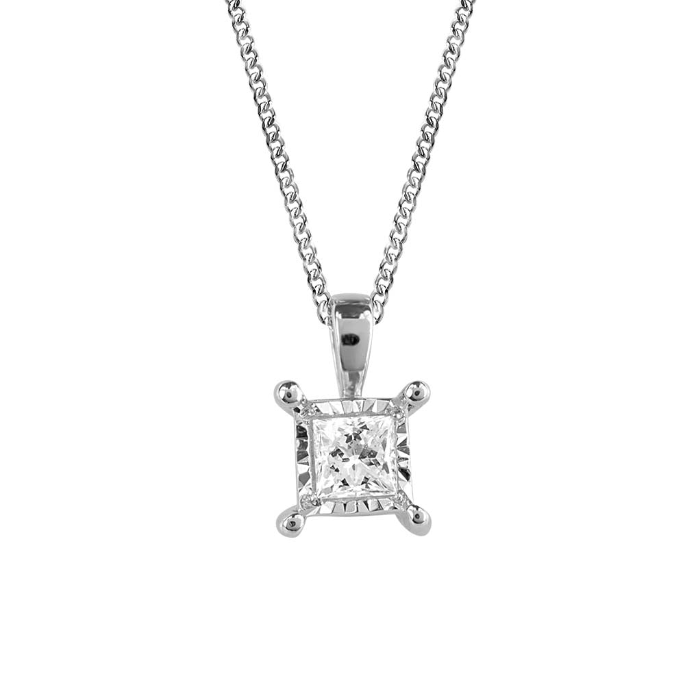 10KT White Gold .15 CTW Princess Cut Illusion Set Diamond Pendant with Chain