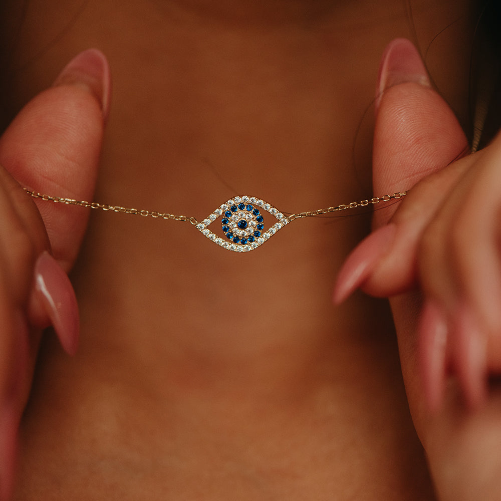 17" Evil Eye Necklace with Cubic Zirconia in 10kt Yellow Gold