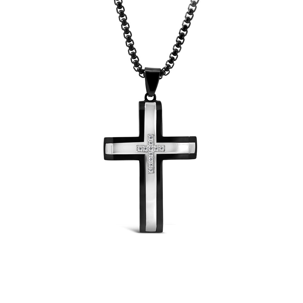 Cross Pendant Pendant with Cubic Zirconia in Black and Silver Tone Stainless Steel with 22" Chain