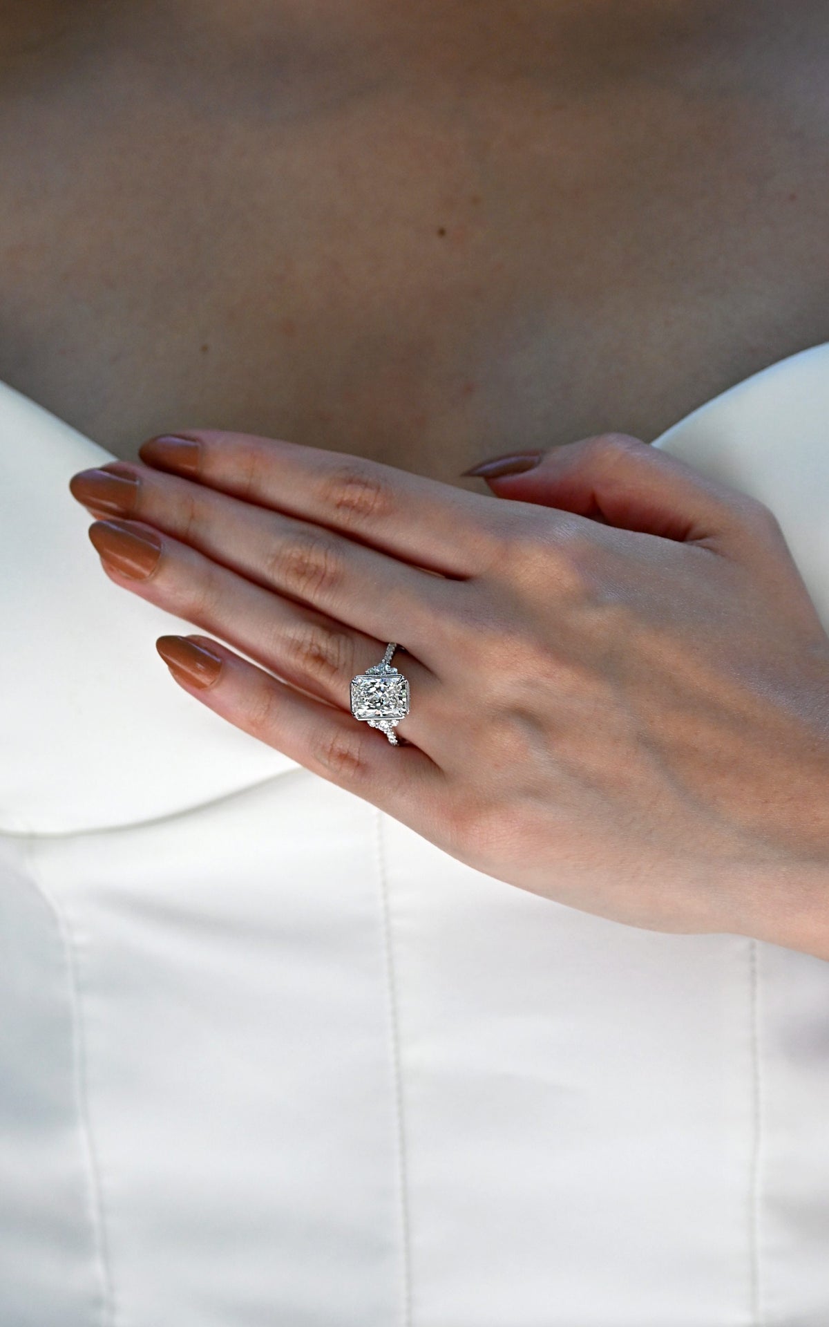 Elongated Radiant Engagement Ring with 3.50 Carat TW of Lab Created Diamonds in 14kt White Gold