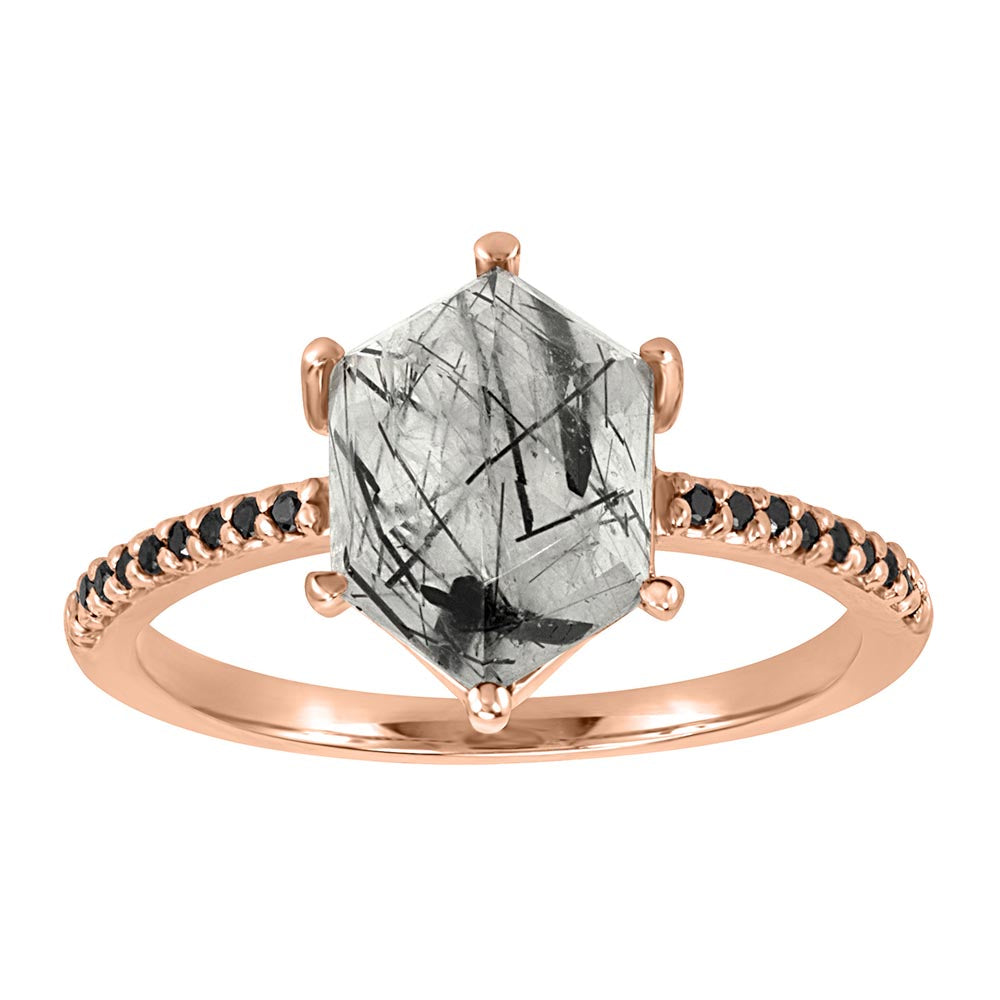 Ring with Rutilated Quartz and .07 Carat TW of Black Diamonds in 10kt Rose Gold