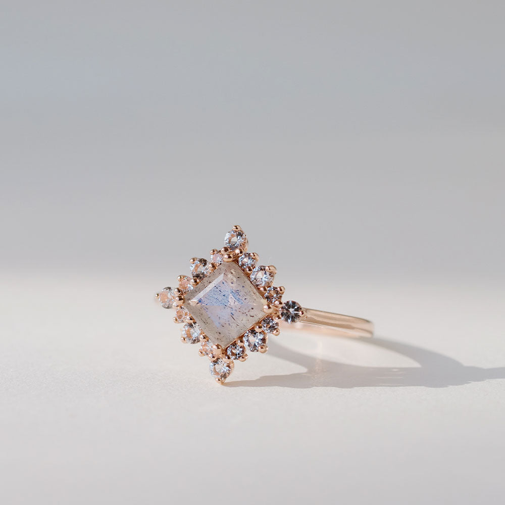 Ring with 6X6MM Princess Cut Labradorite and White Topaz in 10kt Rose Gold
