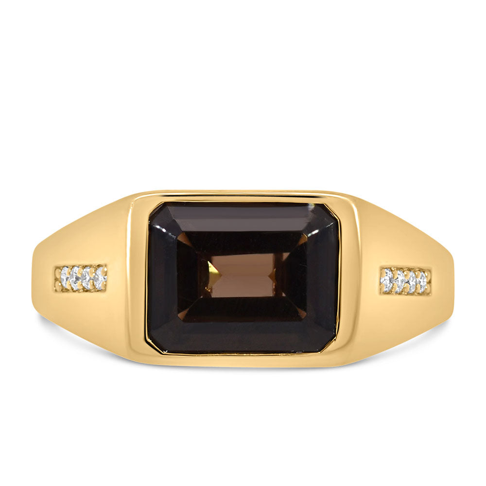 10X8MM Smoky Quartz Men's Ring with .06 Carat TW of Diamonds in 10kt Yellow Gold