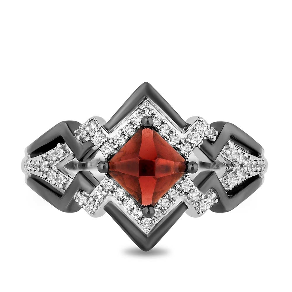 Enchanted Disney Cruella Lightning Bolt Ring with Garnet and .20 Carat TW of Diamonds in Sterling Silver