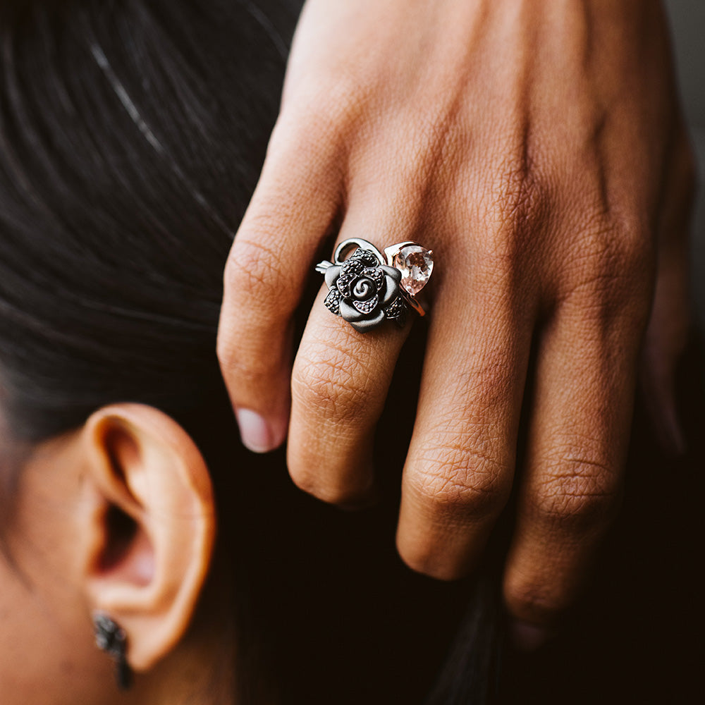Enchanted Disney Villains Maleficent Ring with Morganite and .20 Carat TW of Black Diamonds in Sterling Silver and 10kt Rose Gold