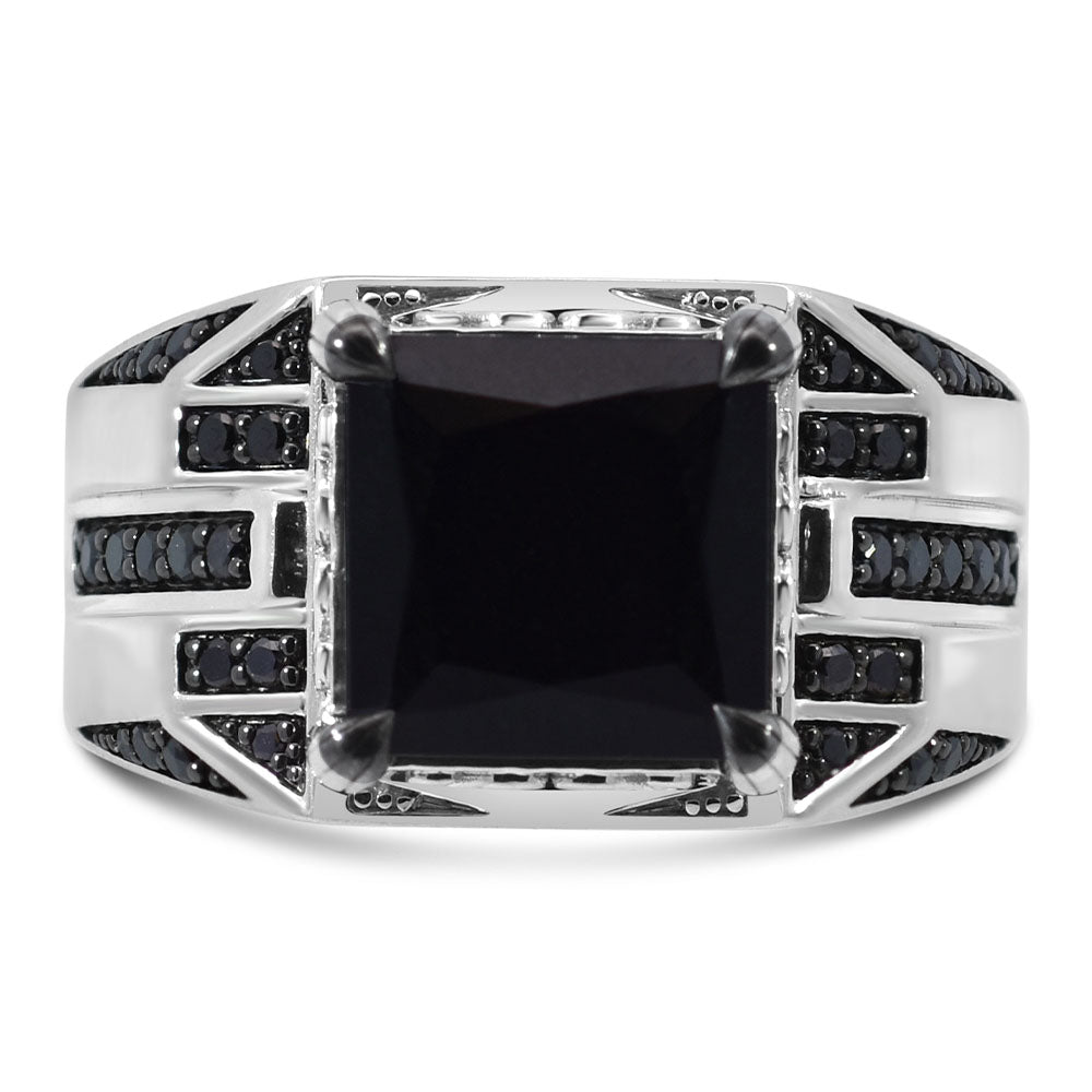10MM Black Onyx Stone with Black Diamond Men's Ring with .33 Carat TW of Diamonds in Sterling Silver