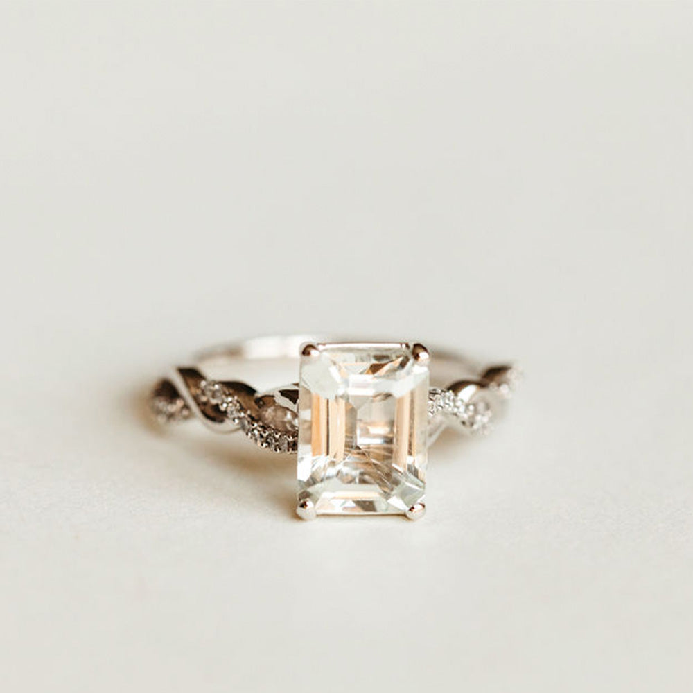 Ring With 9X7MM Emerald Cut Green Amethyst And .12 Carat TW Of Diamonds In 14kt White Gold