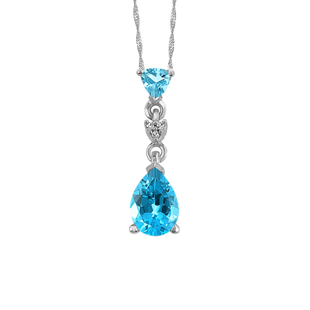 10KT White Gold Diamond and Blue Topaz Pendant with Chain
