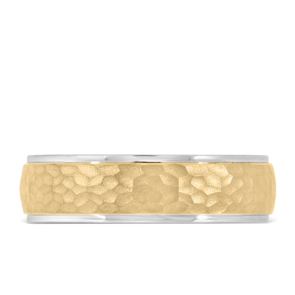 6MM Hammer Finish Comfort Fit Wedding Band in White and Yellow Gold