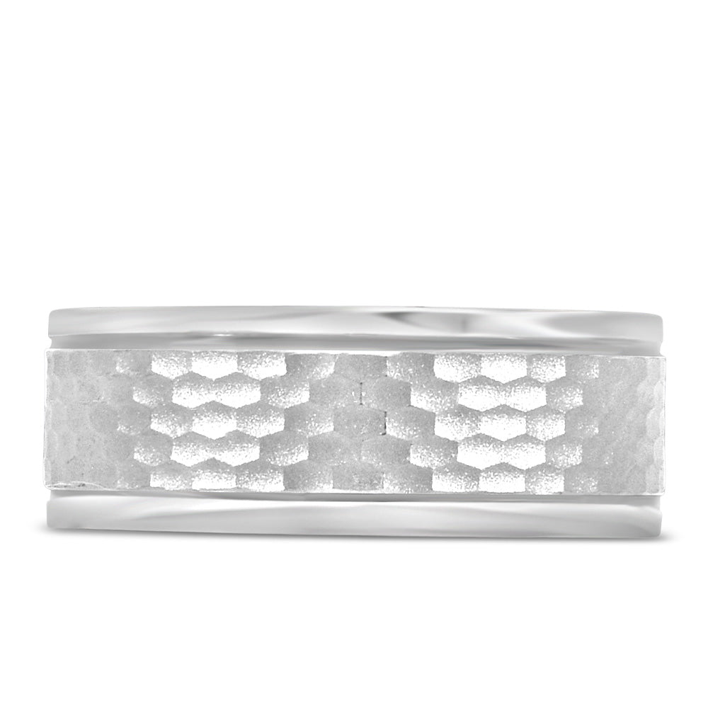 8MM Hexagon Textured Comfort Fit Wedding Band in White Gold