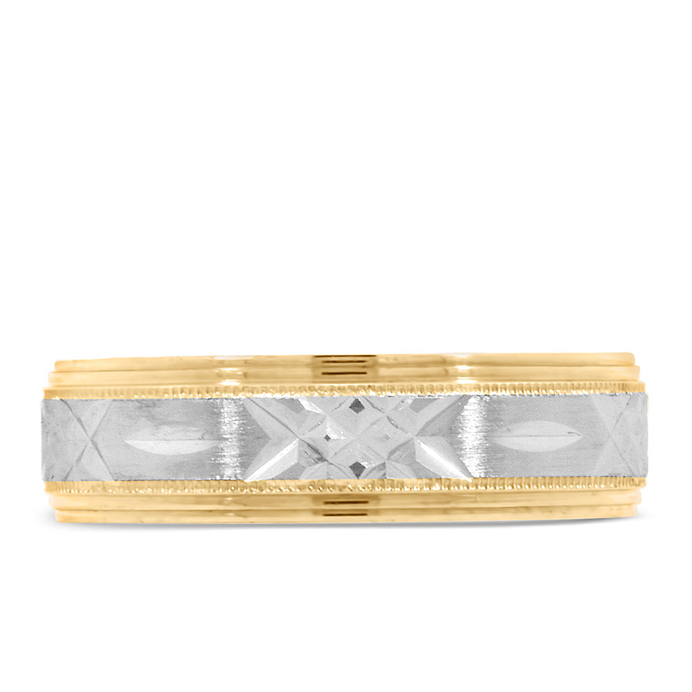 6MM Diamond Cut Comfort Fit Wedding Band in White and Yellow Gold