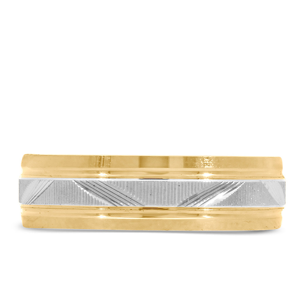 6MM Diamond Cut Comfort Fit Wedding Band in White and Yellow Gold