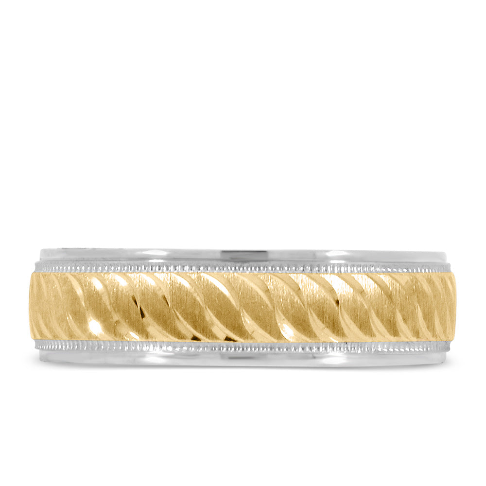 6MM Diamond Cut Comfort Fit Wedding Band in White and Yellow Gold