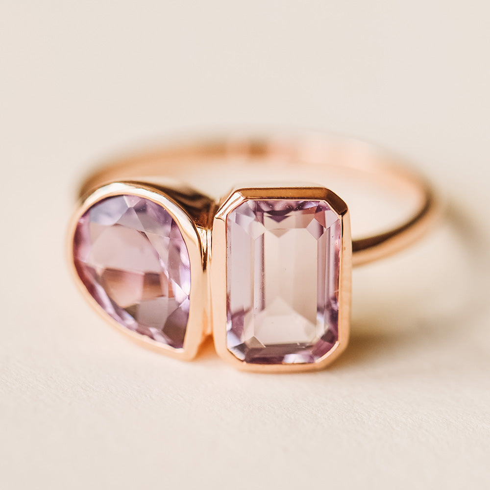 Toi et Moi Ring with Pink and Purple Amethyst in 14kt Yellow Gold