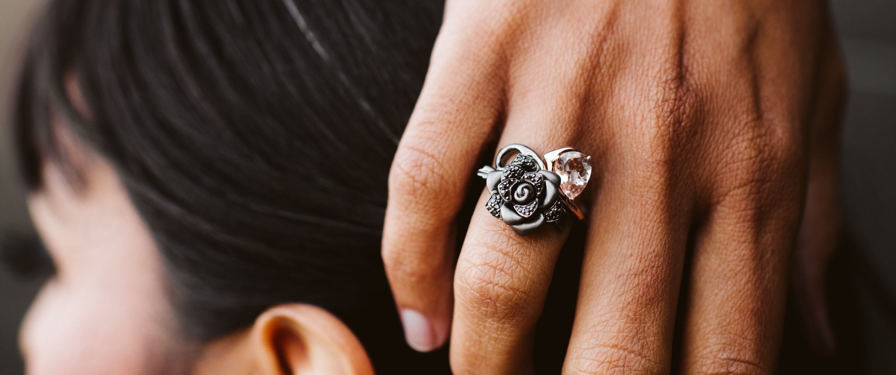 Close Up on Maleficent Ring with Morganite and .20 Carat TW of Black Diamonds