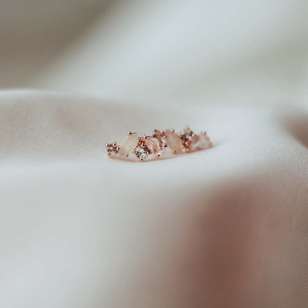 Earrings with White Topaz, Moonstone, and Rose Quartz Earrings in Rose Tone Sterling Silver